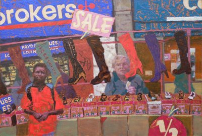 Étalage de chaussures (Deptford, Londres), 2013 (huile sur carton) - Trevor Burgess
