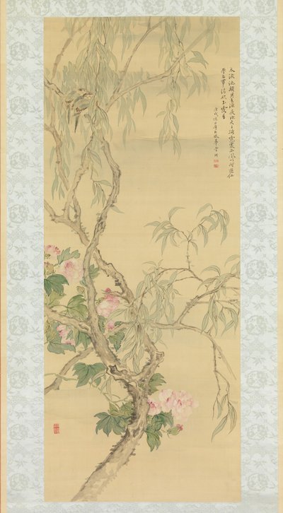 Petits oiseaux sur une branche de saule et fleurs d