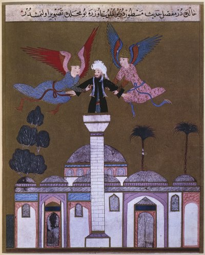 Jésus-Christ porté par deux anges depuis le minaret de la mosquée de Damas, extrait de Zubdet ut Tevarih par Lokman, 1583 - Turkish School