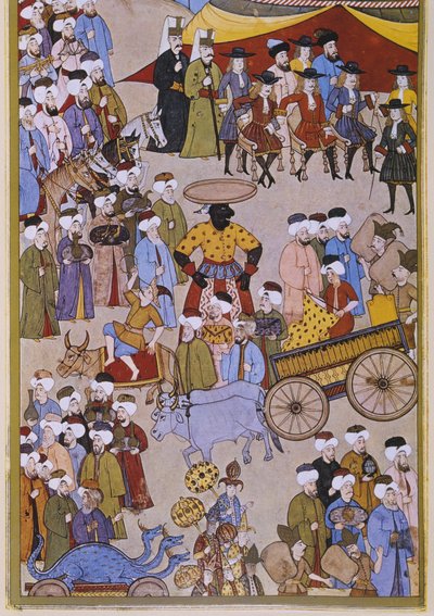 Marchands et acrobates arrivant devant les ambassadeurs européens, extrait de Sur-Nama - Turkish School