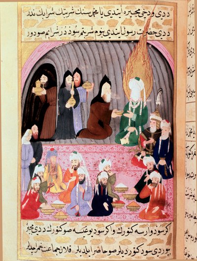 Le Prophète Muhammad (Mahomet) (570-632) (visage couvert) en voyage en Syrie est accueilli par des moines chrétiens qui lui servent un repas. Miniature turque du 18e siècle. Musée Topkapi, Istanbul, Turquie - Turkish School