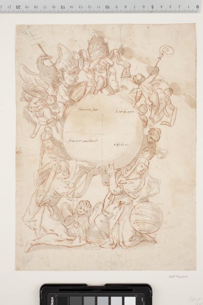 Diverses figures, y compris le lion de Saint-Marc, un doge et une femme, à côté de laquelle on voit un globe, soutenant un grand globe divisé en quatre parties, marqué par des inscriptions telles que "America Sett.", "America meridionale", "Asiaeropa" et " - Ubekendt