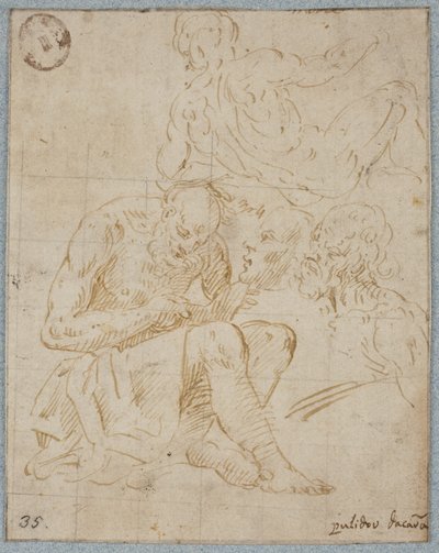 Étude pour une figure assise lisant, un nu masculin prosterné vu de dos, et deux têtes masculines - Ubekendt Ubekendt