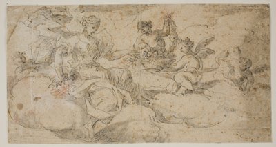 Aurore assise dans les nuages entourée de putti liant des guirlandes. Deux pages d