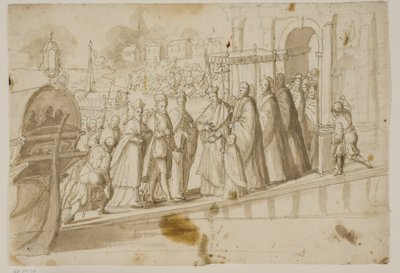 Le roi Henri III, le doge Alvise Mocenigo et le cardinal San Sisto reçus par le patriarche vénitien Giovanni Trevisan sur le Lido à Venise - Ubekendt Ubekendt
