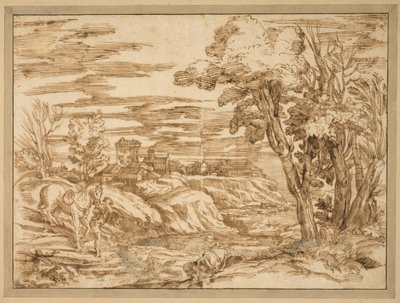 Paysage fluvial avec un homme assis avec un turban et un garçon menant un cheval au premier plan, d