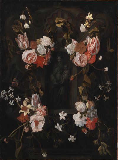 Cartouche en pierre avec la Vierge Marie et l