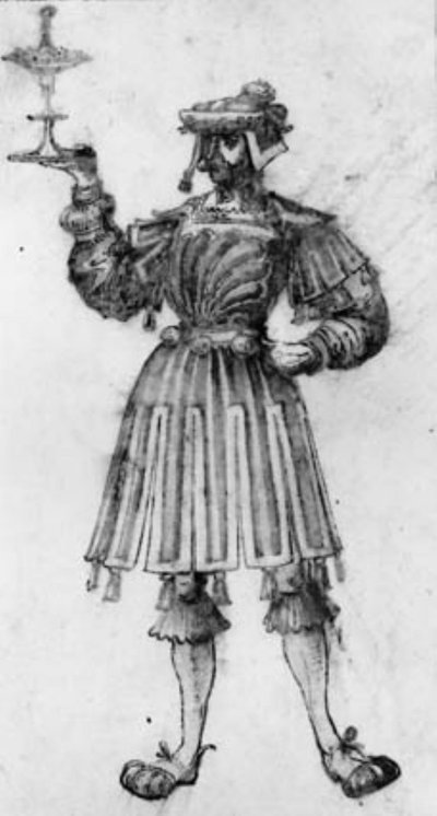 Homme debout, richement vêtu, avec une moustache levant un gobelet dans sa main droite - Ubekendt tysk slutningen af 1600 tallet eller begyndelsen af 1700 tallet