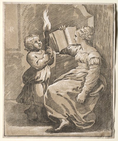 Sibylle lisant avec un enfant tenant une torche, 1518-1527 - Ugo da Carpi