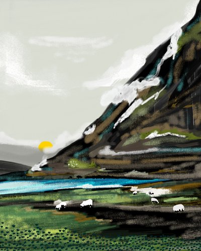Paysage paisible avec des moutons de montagne - Uma Gokhale