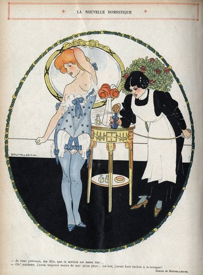 La nouvelle servante : - Je vous préviens, ma fille, que le service est assez dur... - Oh! madame, j