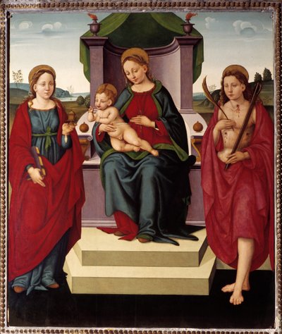 Madone en trône entre Sainte Madeleine et Saint Sébastien - Umbrian School