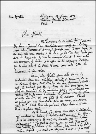 16534N LETTRES DE RENÉ DEPESTRE À PAGE 1 À PROPOS DE SON LIVRE JOURNAL D
