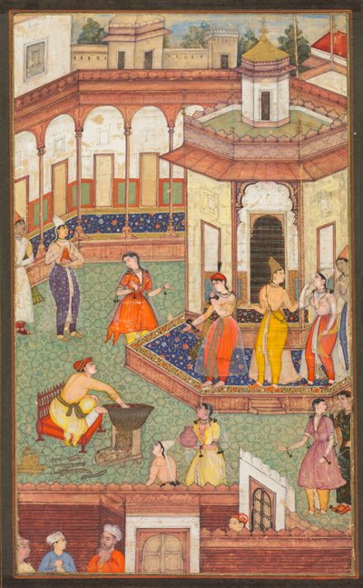Un homme plonge sa main dans un chaudron alors que les dames du harem sont stupéfaites..., vers 1600 - Unbekannt