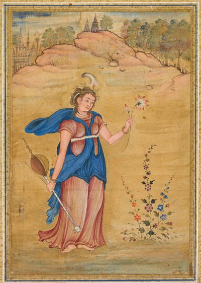 Une figure féminine debout dans un paysage tenant un khuuchir à quatre cordes et un lotus, vers 1590 - Unbekannt