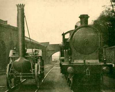 Un modèle grandeur nature de la Rocket de Stephenson à côté d