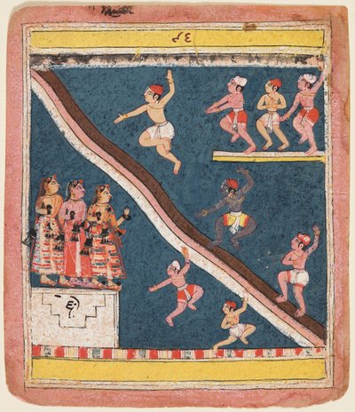 Une page du Rasikapriya de Kesava Das : Krishna et les Gopas plongent dans un étang, vers 1640 - Unbekannt