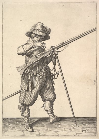 Un soldat soufflant sur une allumette, de la série des Mousquetaires, planche 40, dans Wapenhandelinghe van Ro... - Unbekannt