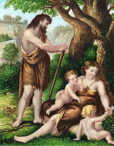 Adam et Ève avec leurs fils, Caïn et Abel, se reposant dans le désert, vers 1860 - Unbekannt