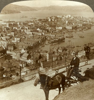 Bergen, vue ouest depuis le Floifjeld, sur le port à droite et Puddefjord au loin, Norvège, c1905 - Unbekannt