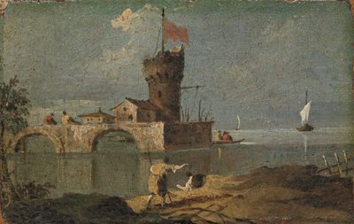 Capriccio avec une tour circulaire, deux maisons et un pont, 18ème siècle - Unbekannt
