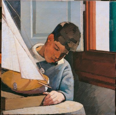 Enfant jeune garçon fils du peintre assis à une table jouant avec un bateau synthèse classique équilibre chromatique coups de pinceau pleins de lumière - Unbekannt