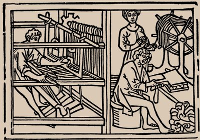 Peignage, filage et tissage de la laine. Du Speculum Vitae Humanae de Rodericus Zamorensis, 1479 - Unbekannt