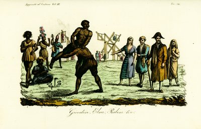 Danseur appelé Ulde Benaye 1, charmeur de serpents 2, deux hommes exécutant la danse Busardia 3, deux lutteurs 4, femme juive 5, homme juif 6, rabbin 7 et prostituée voilée 8 - Unbekannt