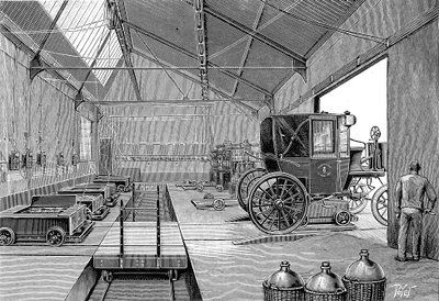 Dépôt où les taxis électriques parisiens étaient équipés de batteries fraîchement chargées, 1899 - Unbekannt