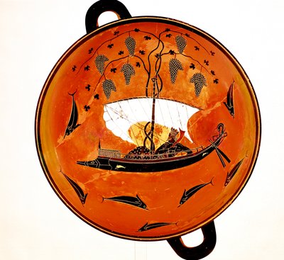 Dionysos dans un bateau entouré de dauphins, plat grec ancien Krater, 530 av. J.-C. - Unbekannt