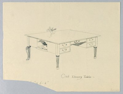Dessin, Design pour une table de bibliothèque avec niche latérale et variation de pied indiquée - Unbekannt