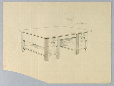 Dessin, Design pour une table de bibliothèque massive avec pieds cannelés carrés et étagères ouvertes - Unbekannt