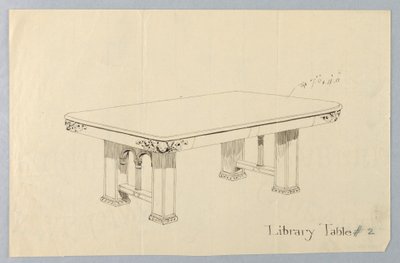 Dessin, Design pour une table de bibliothèque rectangulaire #2 avec visages de putti sculptés sur chaque coin arrondi - Unbekannt
