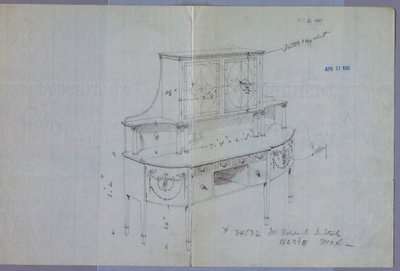Dessin, Conception pour un buffet avec armoire à porte vitrée au-dessus - Unbekannt