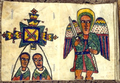 Livre de prières éthiopien montrant un ange avec une épée et deux hommes, peut-être des prêtres, 19ème siècle - Unbekannt