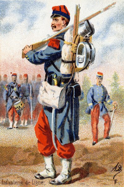 F: Infanterie de ligne. Gravure dans "Alphabet militaire". Initiales de l