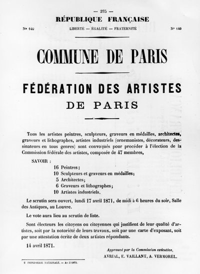 Fédération des Artistes, des affiches politiques françaises de la Commune de Paris, mai 1871 - Unbekannt