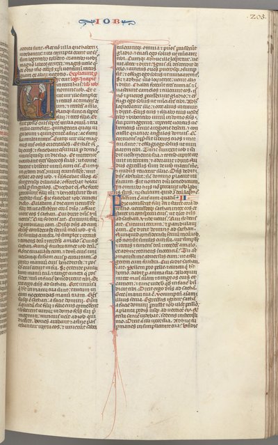Fol. 205r, Job, initiale historiée V, Job sur le tas de fumier recevant une boucle d