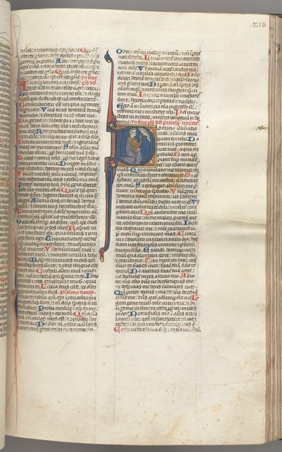 Fol. 218r, Psaume 26, initiale historiée D, David à genoux pointant ses yeux, le buste de Dieu... - Unbekannt