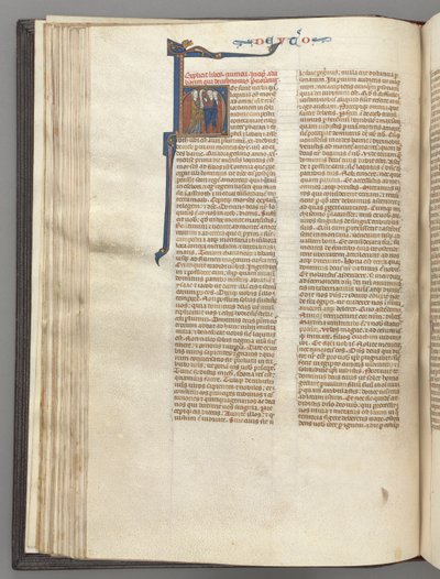Fol. 62v, Deutéronome, initiale historiée H, Moïse avec des cornes et un rouleau prêchant..., c. 1275-1300 - Unbekannt