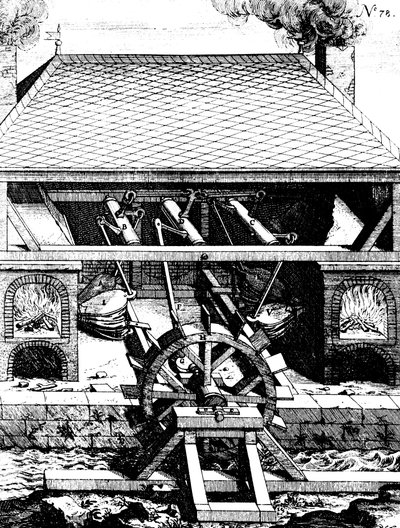 Forge avec soufflets actionnés par une roue à aubes, 1673 - Unbekannt