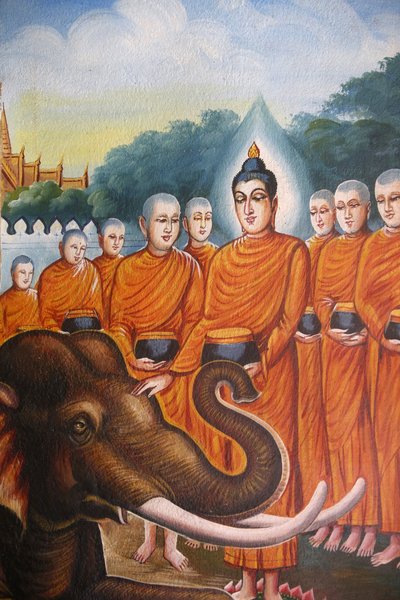 Fresque représentant la sangha du Bouddha avec un éléphant à Wat Chiang Mun, Chiang Mai, Thaïlande - Unbekannt