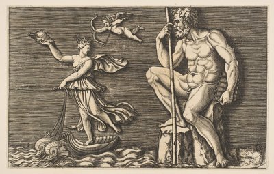 Galatée échappant à Polyphème, il est assis sur un rocher tenant un bâton et des pipes, vers 1515-1600 - Unbekannt