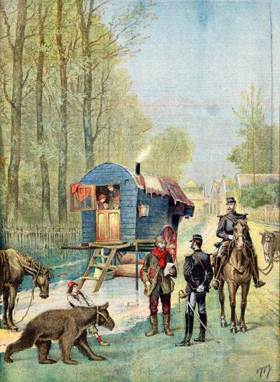 Gendarmes apportant des formulaires de recensement à un campement de gitans itinérants dans leur caravane, 1895 - Unbekannt