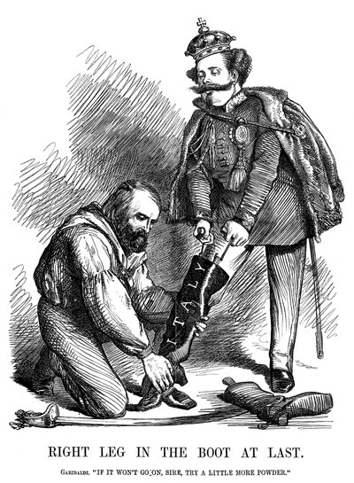 Giuseppe Garibaldi aidant Victor Emmanuel II à enfiler la botte de l