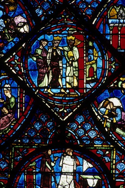 Architecture gothique. Histoire de Charlemagne (détail) : Charlemagne (742-814) reçu par Constantin Ier, empereur byzantin. Vitrail de l