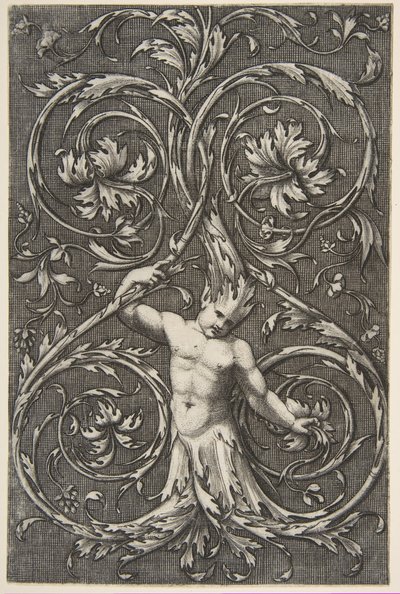 Grotesque avec figure masculine avec corps inférieur et tête de volutes d