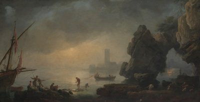 Scène de port avec une grotte et des pêcheurs tirant des filets - Unbekannt