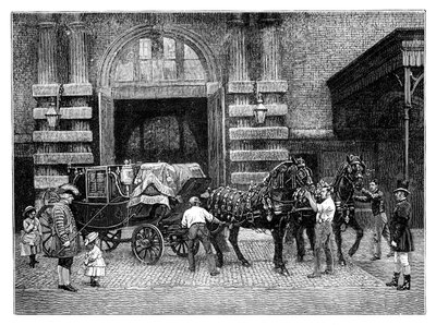 Attelage des chevaux noirs aux écuries royales, Buckingham Palace, Londres, vers 1888 - Unbekannt