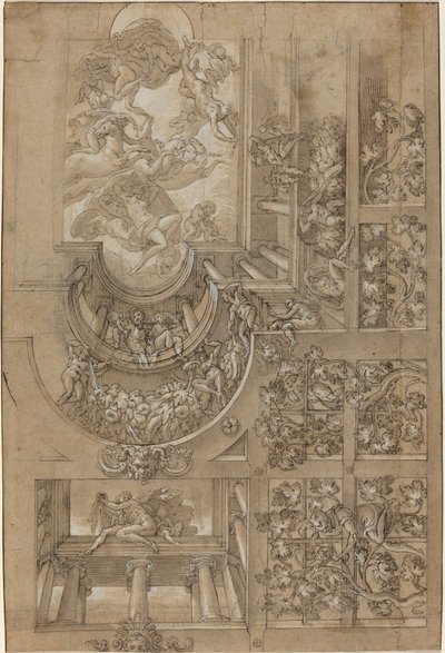 Plafond illusionniste avec une tonnelle de raisin, des figures posées sur des galeries, et un centre..., vers 1570-1580 - Unbekannt
